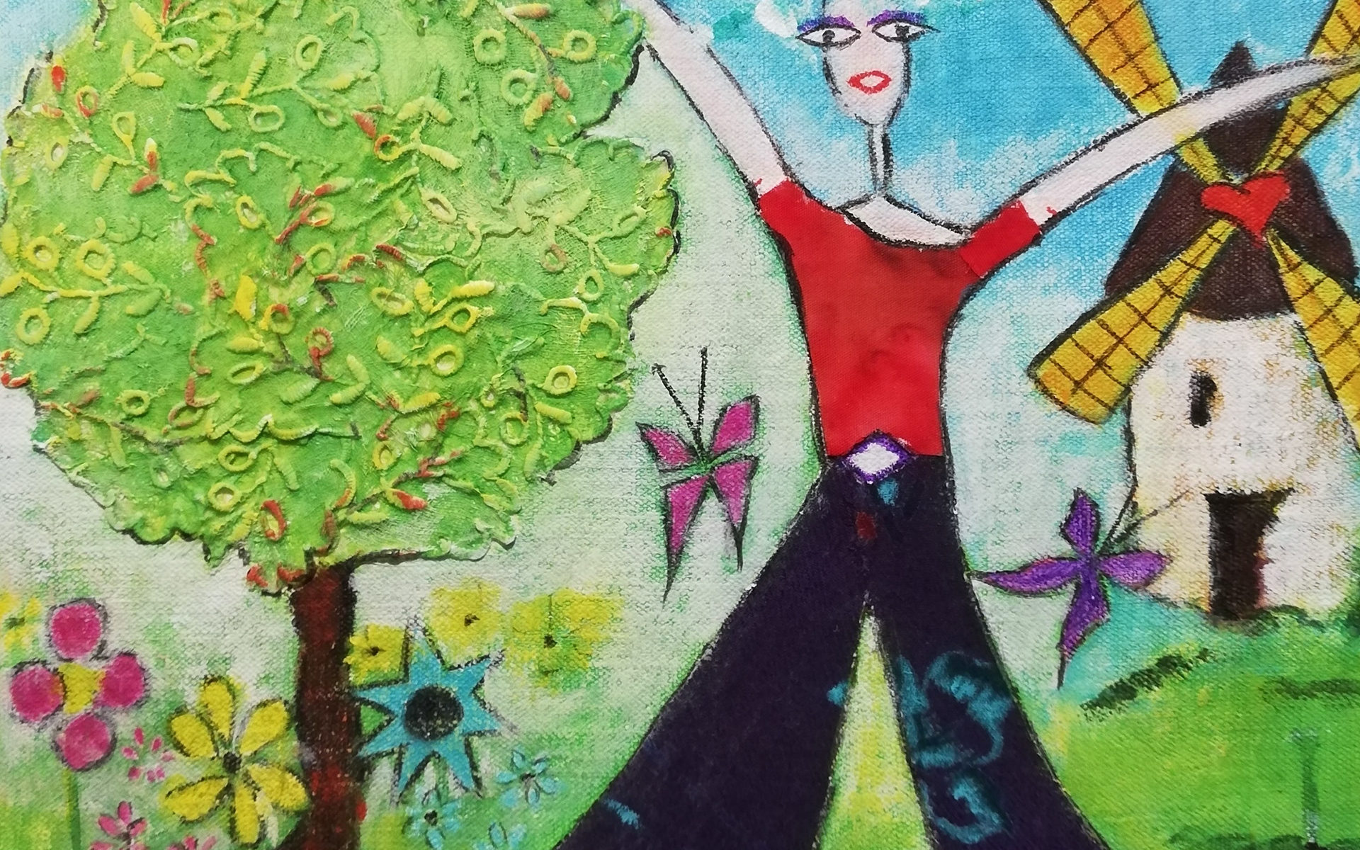 Le printemps du moulin 20x20 acrylique et tissu